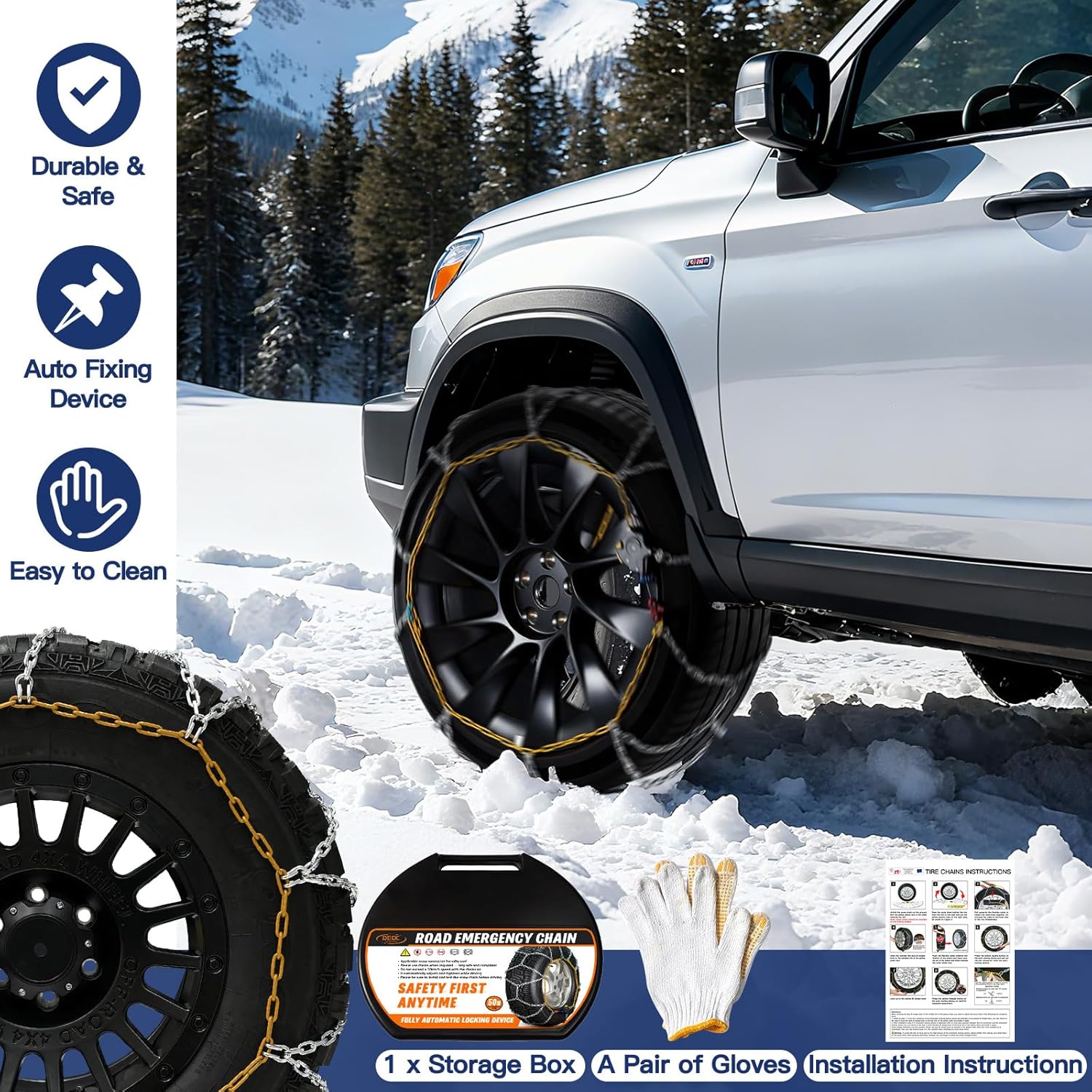 DEDC Snow Chains for SUV Tire Chains Compatible with Tesla Model Y Cars 1 Min Quick Fit Easy Chainsaw Reusable Universal Emergency Traction Chain Tire Width 235 245 255 265 275 - Set of 2 MS1521